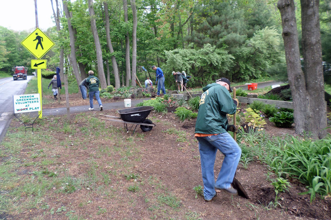Spring cleanup at the Warren Avenue Planting. One of the eight we maintain on the Rail Trail.